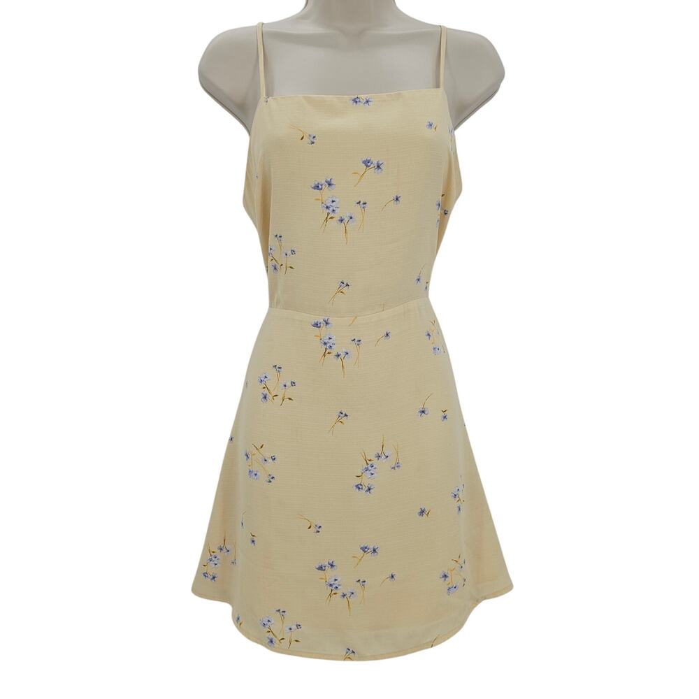 Lumiere Womans size M Floral Tie Back Cutout Square Neck Mini Dress Yellow